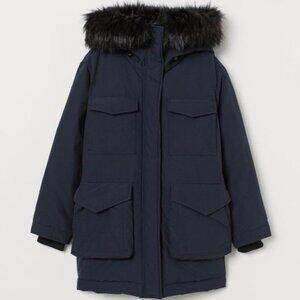 H&M Padded Hybrid Mountaineering Long Parka Duffel Coat S Hood Faux Fur Pockets